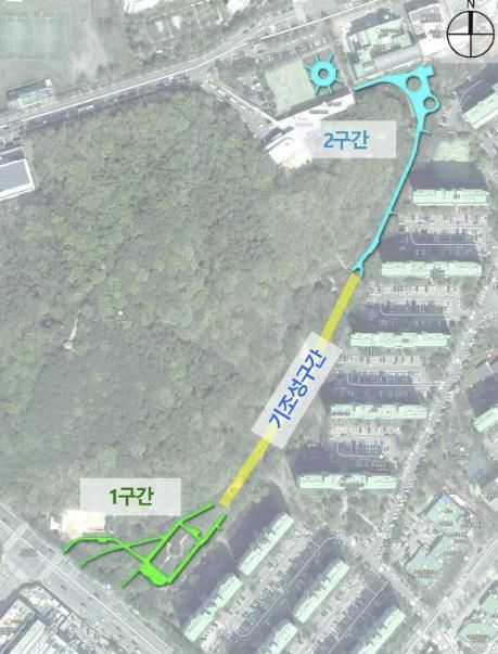 철망산근린공원 정비 공사 구간 위치도. 1구간과 2구간이 올해 정비 공사 대상 구간이다
