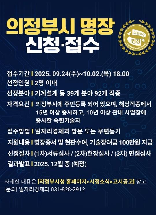 우수 숙련기술인 발굴…의정부시, 2025년 명장 신청‧접수