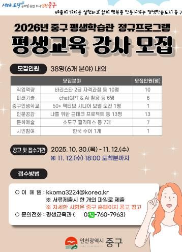 중구 평생학습관, 2026년 정규 프로그램 강사 공개 모집