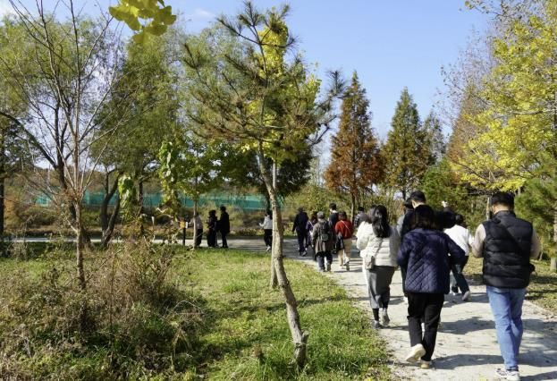 비봉습지공원 둘레길을 산책하는 시범투어 참여 관광객들