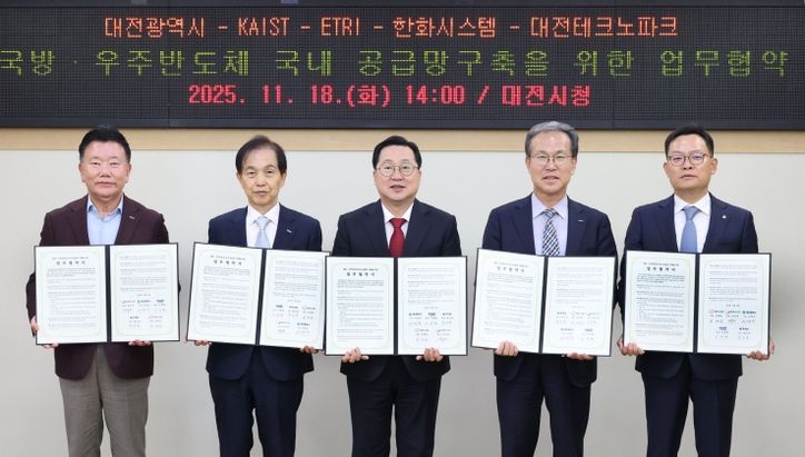 왼쪽부터 김우연 대전테크노파크 원장, 이광형 KAIST 총장, 이장우 대전시장, 방승찬 ETRI 원장, 손재일 한화시스템 대표