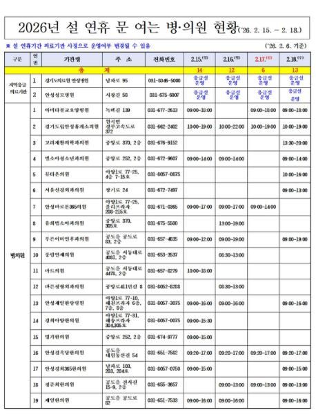 안성시, 설 연휴 응급진료체계 운영