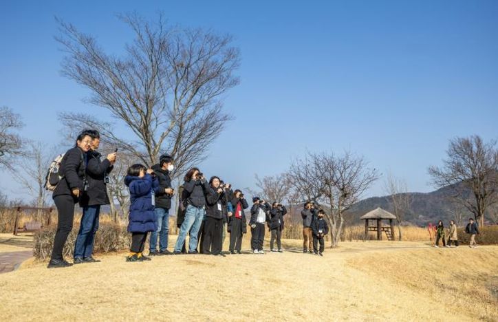 순천만에서 탐조 프로그램 참가자들이 탐조활동을 하고 있다.